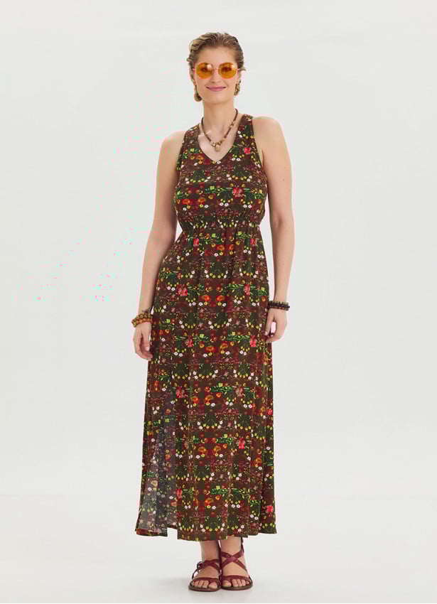 V Neck Slit Green Floral Dress 4643